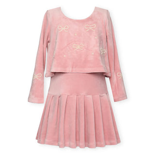 Velour Twofer Pleated Dress with Pearl Bows