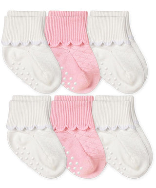 Jefferies Socks Non-Skid Scalloped Turn Cuff Socks 6 Pair Pack - Pink/White