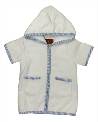 Boys White Terry Coverup with Blue Seersucker Trim