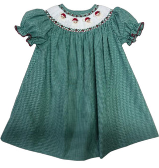 Girls Emma Green Gingham Smocked Santa Bishop Dress