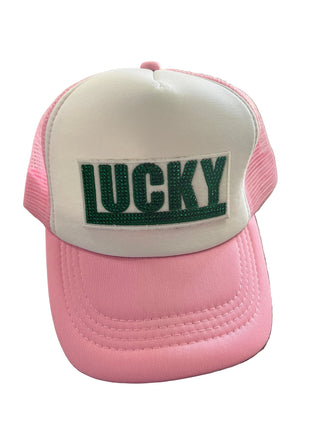Azarhia Pink LUCKY in Green Rhinestones Trucker Hat
