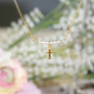 Dainty gold plated cross necklace with 3mm pearl accents - alternate view