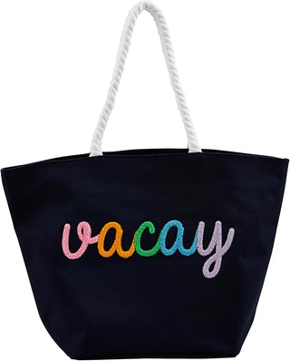 Mud Pie Tote Navy Boucle Script - VACAY