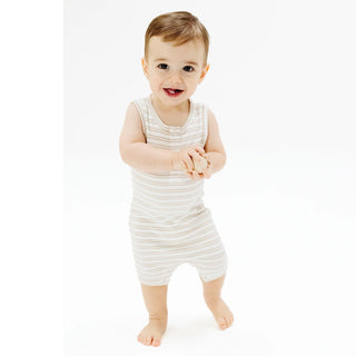 Angel Dear Oxford Tan Rib Striped Shortie Sleeveless Romper
