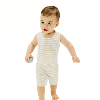 Angel Dear Oxford Tan Rib Striped Shortie Sleeveless Romper