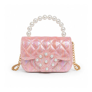 Zomi Gems pearl handle seashell quilted kids handbag in iridescent pink