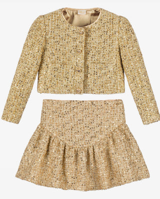 Marlo Kids Celina Gold Tweed 2Pc Jacket & Mini Skirt Set