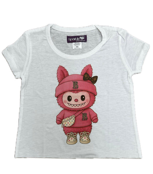 White Short Sleeved Jersey Tee Pink Doll Print