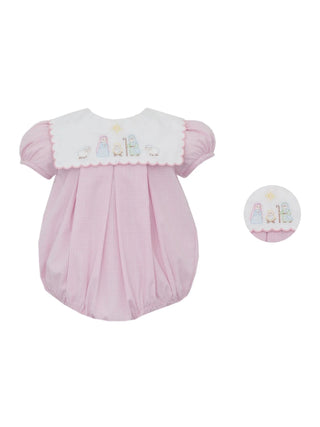 Anavini Nativity pink gingham girls bubble with scalloped collar