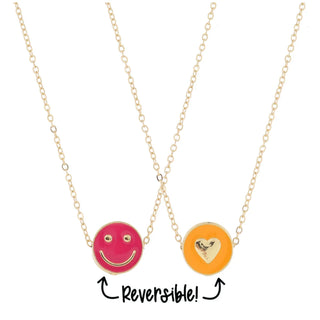 Reversible Disc with Hot Pink Happy Face and Orange Heart Necklace