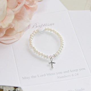 4" Baptism Pearl Bracelet W/ Stainless Steel Cross