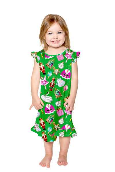 Kids Green/Pink Holiday Baubles Silky Gown