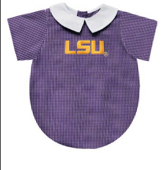 Boys Purple Gingham S/S Embroidered LSU Bubble