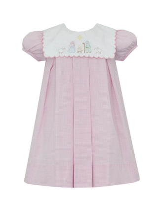 Anavini Nativity pink gingham dress with scalloped collar