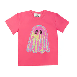A bright pink short-sleeve kids' t-shirt featuring a sequined ghost graphic on the front. The ghost is outlined in light blue and yellow, with pink dripping details and black eyes.