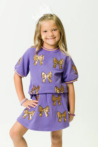 Belle Cher Purple/Gold Sequin Bows 2Pc Knit Short Set