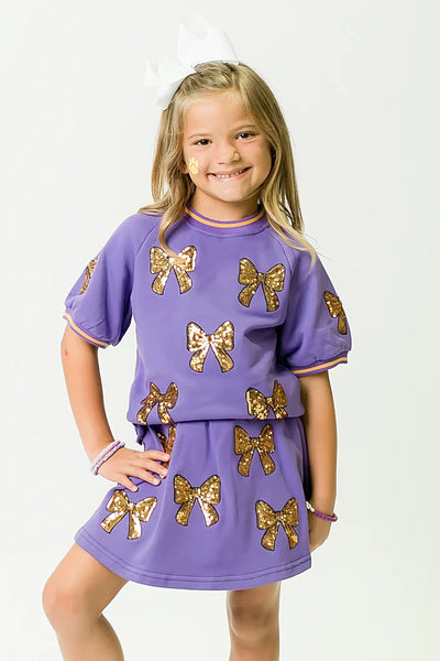 Belle Cher Purple/Gold Sequin Bows 2Pc Knit Short Set