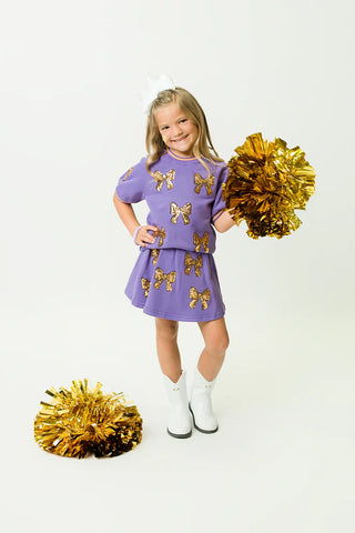 Belle Cher Purple/Gold Sequin Bows 2Pc Knit Short Set