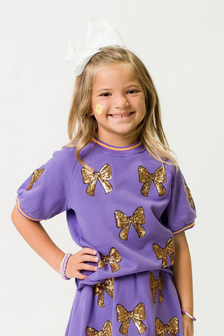 Belle Cher Purple/Gold Sequin Bows 2Pc Knit Short Set