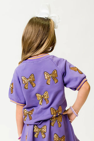 Belle Cher Purple/Gold Sequin Bows 2Pc Knit Short Set