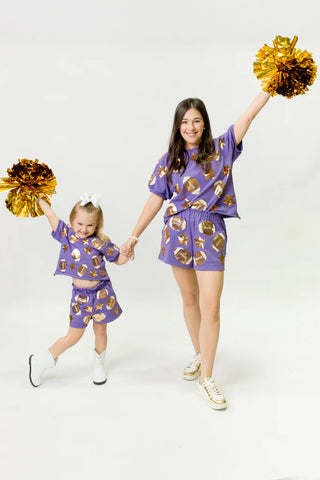 Belle Cher Purple/Gold Sequin Football 2Pc Knit Short Set