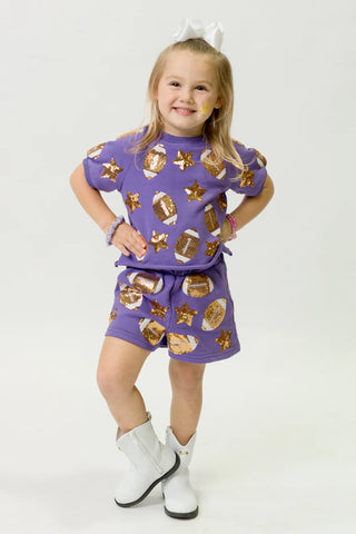 Belle Cher Purple/Gold Sequin Football 2Pc Knit Short Set