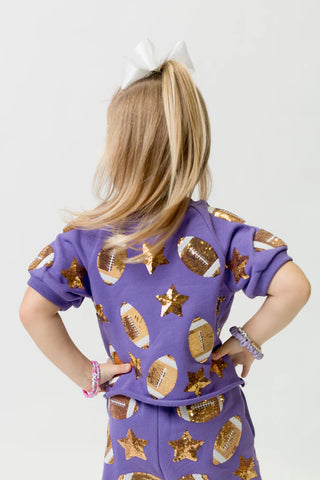 Belle Cher Purple/Gold Sequin Football 2Pc Knit Short Set