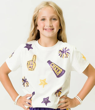 Belle Cher White Purple & Gold Sequin Cheer Tee