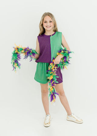 Purple & Green Colorblock Crystal 2Pc Short Set