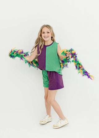 Purple & Green Colorblock Crystal 2Pc Short Set