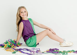 Purple & Green Colorblock Crystal 2Pc Short Set