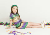 Belle Cher Mix Mardi Gras Sequin 2Pc Boxy Tee & Skort Set