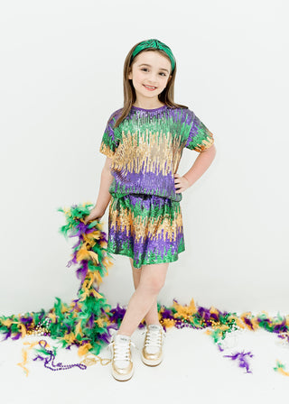 Belle Cher Mix Mardi Gras Sequin 2Pc Boxy Tee & Skort Set