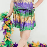 Belle Cher Mix Mardi Gras Sequin 2Pc Boxy Tee & Skort Set