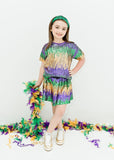 Belle Cher Mix Mardi Gras Sequin 2Pc Boxy Tee & Skort Set