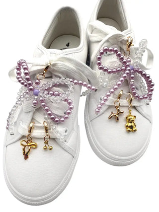 Purple Pearl Bow and Gold Shoe Charm Set For Shoelaces