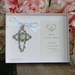God Bless Baby Cradle Medal w Blue Ribbon