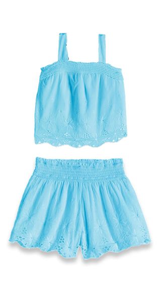 Tractr Light Blue Smocking Shorts Set w Floral Eyelets
