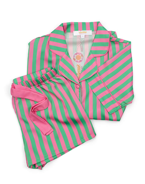Kids Silky Pink & Green Stripe Short Sleeve Set