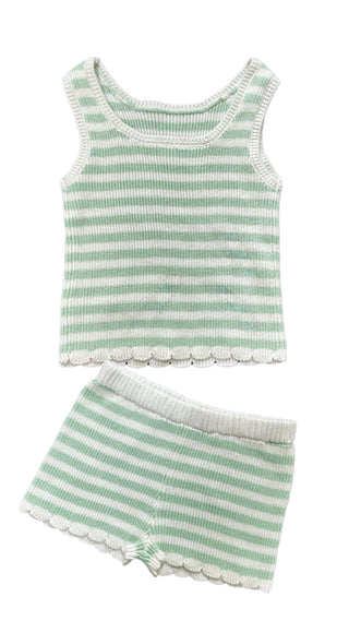 Aqua Striped Ribbed Knit Tank Top & Shorts 2pc Set