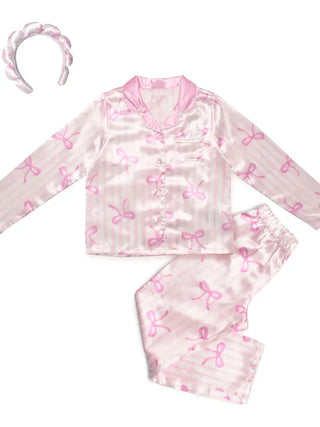 Striped Bow Satin Pajama Set with Headband
