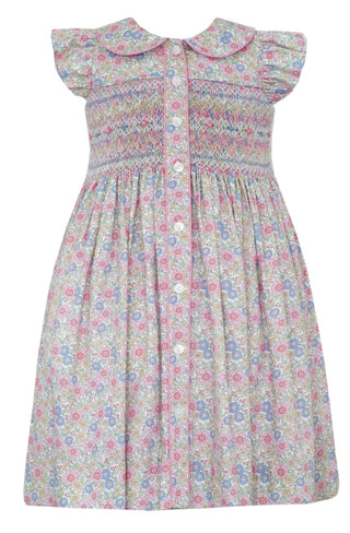 Anavini Girls Giselle Dress Pink and Blue Liberty Floral w/ Ruffle Sleeves