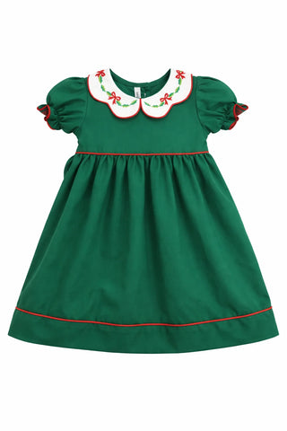 Sweet Dreams girls' hunter green dress with scallop collar and embroidered bows and holly