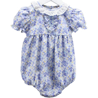 Baby Blessings blue floral baby bubble with white lace collar and smocked ruffle bib