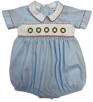 Noah Christmas Wreath Smocked Bubble w/ White Collar