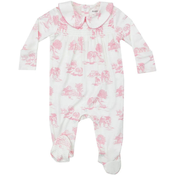 Angel Dear Smocked Peter Pan Footie - Farm Toile Pink