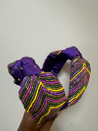 Mardi Gras Beaded Chevron Top Knot Headband