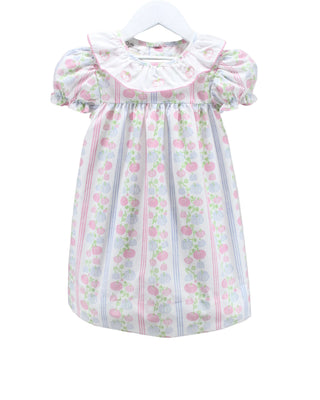 Baby Blessings pink and blue pumpkin print girls dress with embroidered pumpkin ruffle collar and puff sleeves