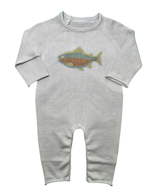 Sage & Lilly sage green knit baby romper with a blue, brown and olive trout on the chest