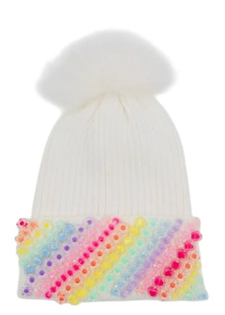 Charm Cuff Beanie Hat with Faux Fur Pom Pom